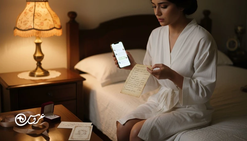 عروس در شب قبل از مراسم با چک لیست و نگرانی از خراب شدن عروسی؛ تصویر مرتبط با اضطراب روز عروسی و مدیریت آن