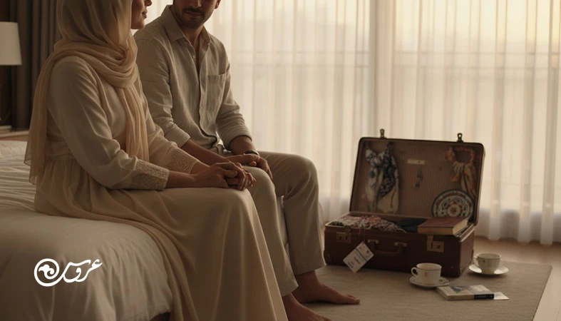 زوج تازه ازدواج کرده در ماه عسل در حال گفتگوی زوجین درباره انتظارات ماه عسل و کاهش فشار در ماه عسل