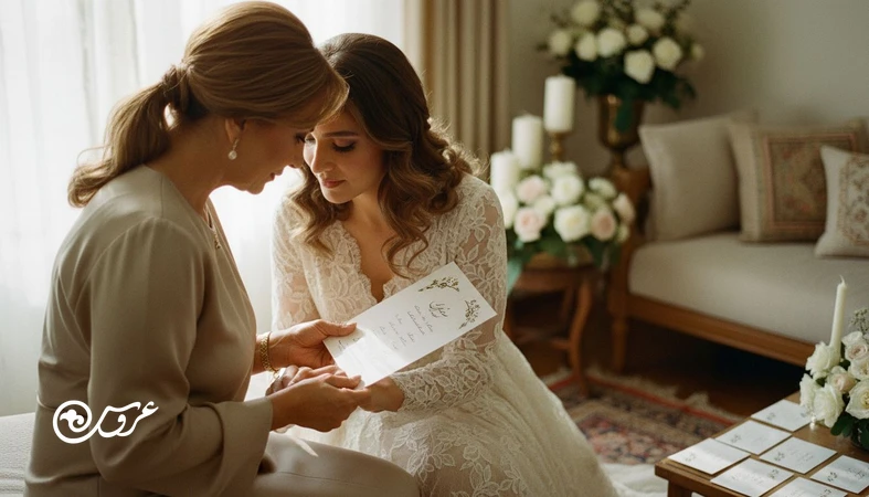 طراحی انسان‌محور مراسم عروسی؛ عروس و مادر در نور طبیعی در حال بررسی برنامه مراسم و ایجاد تجربه آرام برای مهمان‌ها