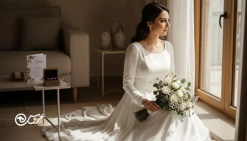 عروس پس از مراسم با وجود اجرای بی نقص، در فضای آرام خانه نشسته و به احساس رضایت نداشتن بعد از عروسی فکر می کند