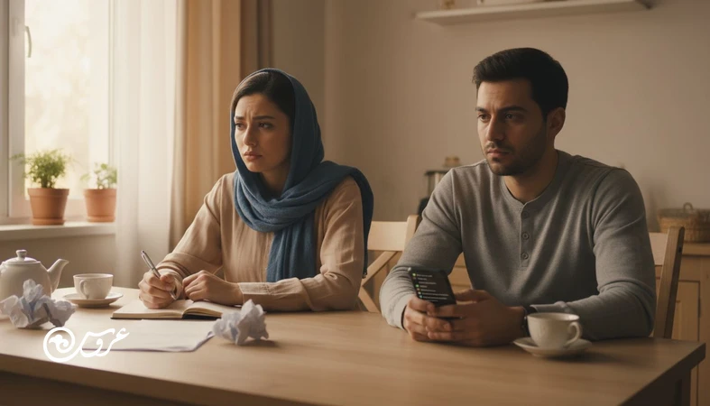 زوج ایرانی در حال برنامه ریزی عروسی با تنش آرام؛ نماد دعواهای تکراری و ریشه های پنهان مثل امنیت، احترام و دیده شدن