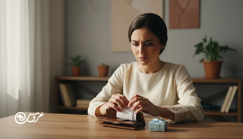 عروس در حال بررسی رسیدها و یک هدیه کوچک؛ نمادی از خرج‌های ظاهراً جزئی عروسی با اثر روانی ماندگار