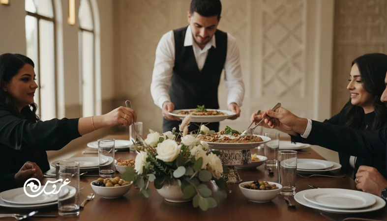 پذیرایی عروسی به عنوان تجربه اجتماعی؛ میز پذیرایی گرم و صمیمی با سرو غذا و تعامل مهمان ها