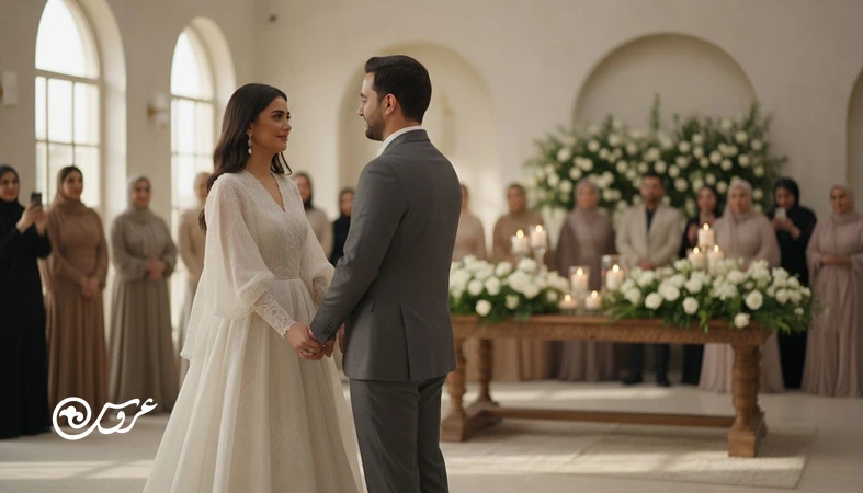 مکث و سکوت کوتاه در مراسم عروسی شلوغ؛ عروس و داماد در لحظه‌ای آرام کنار سالن با نور گرم و ملایم