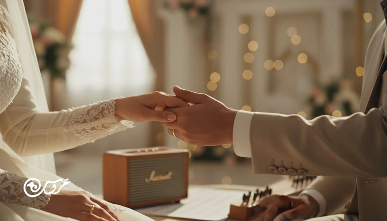 دست های عروس و داماد کنار منبع پخش موسیقی در مراسم عروسی؛ تصویر مفهومی از لحظه های ماندگار با موسیقی عروسی