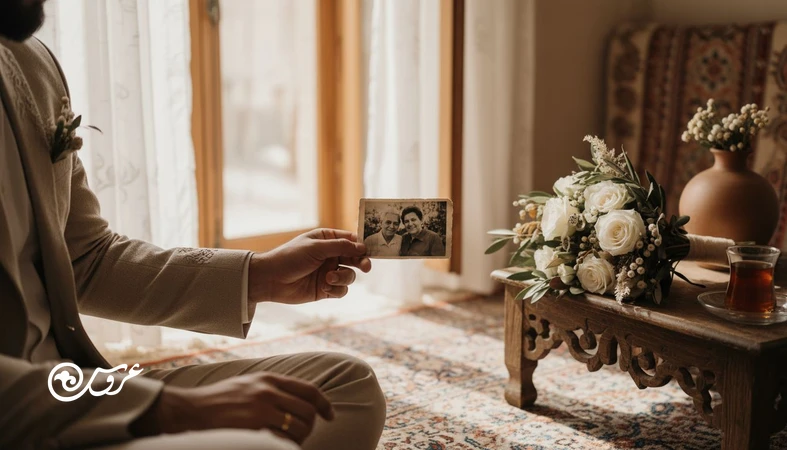 عکس عروسی خاطره‌انگیز؛ دست‌های عروس و داماد کنار پنجره با نور طبیعی در حال نگاه کردن به عکس چاپی