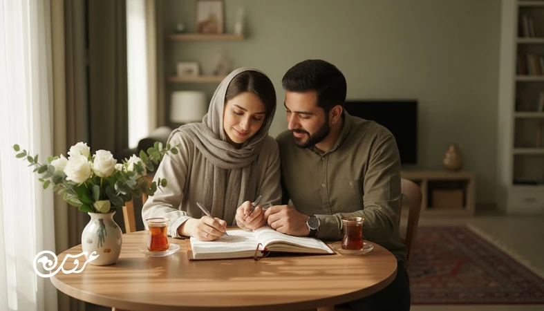 زوج تازه ازدواج کرده در خانه در حال نوشتن توافق های کوچک برای شروع زندگی مشترک و سازگاری بعد از عروسی