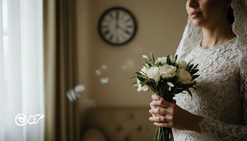 عروس ایرانی در اتاق آماده سازی با نور طبیعی و ساعت محو در پس زمینه؛ نمادی از سریع گذشتن روز عروسی و تغییر ادراک زمان