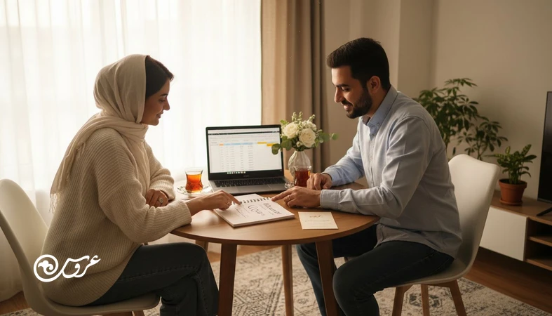زوج ایرانی در حال تنظیم عادلانه بودجه عروسی با بررسی دفترچه و جدول هزینه ها در فضای خانه