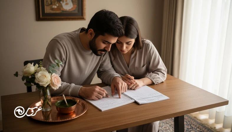 زوج ایرانی در حال بررسی چک لیست عروسی و تصمیم گیری درباره نگه داشتن یا حذف آیین های سنتی بر اساس بودجه و زمان