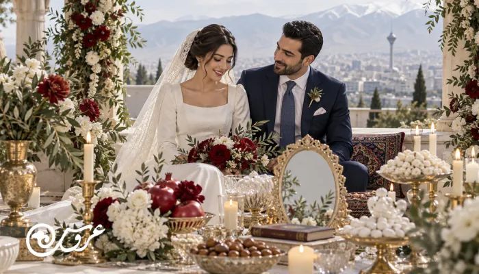 عروس و داماد ایرانی در کنار سفره عقد با دکور سفید، طلایی و قرمز، گل‌آرایی طبیعی و نمای شهر و کوهستان در پس‌زمینه